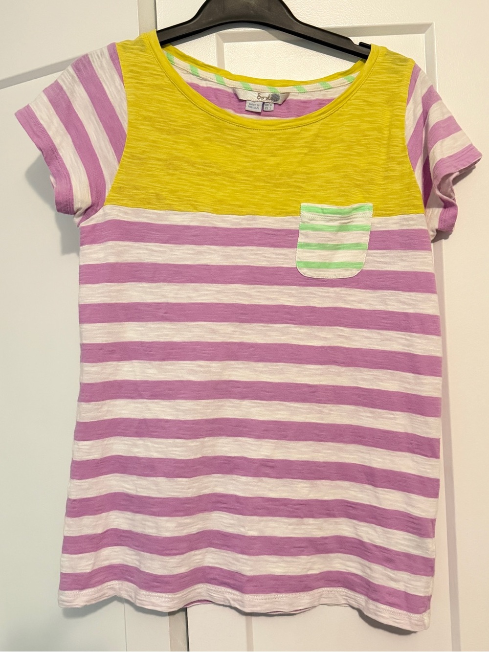 Boden Breton stripe shirt purple white yellow colorblock size 2